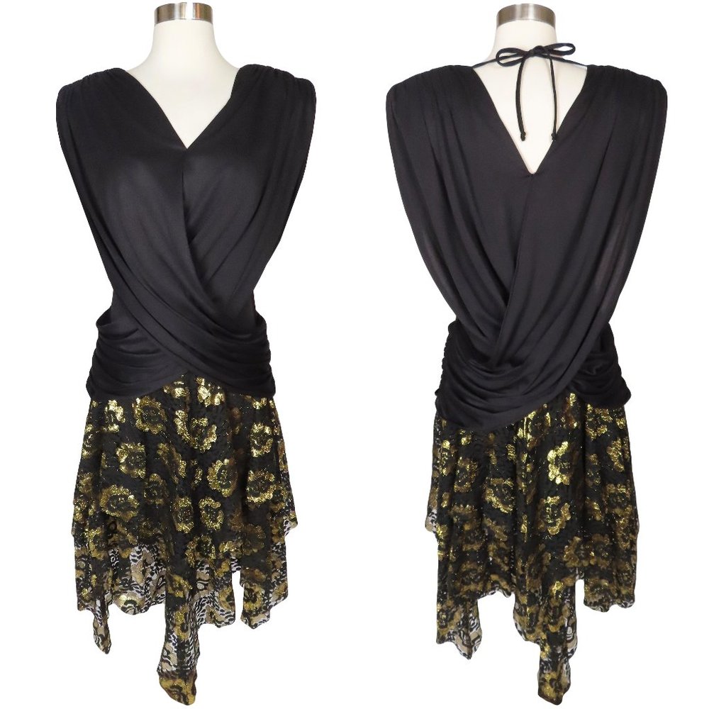 Vintage 80s Black Draped Gold Floral Lace Skirt Cocktail Party Prom Dress S M